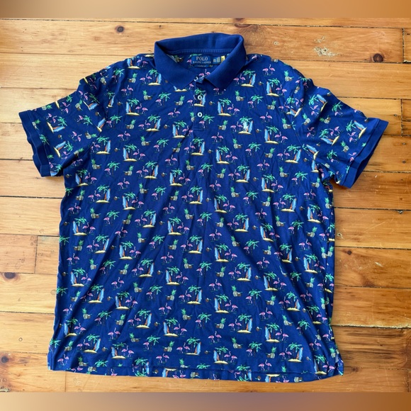 Ralph Lauren Pink Flamingo Cotton Polo Shirt Blue Palm Tree XXL Big Tall - Picture 1 of 6